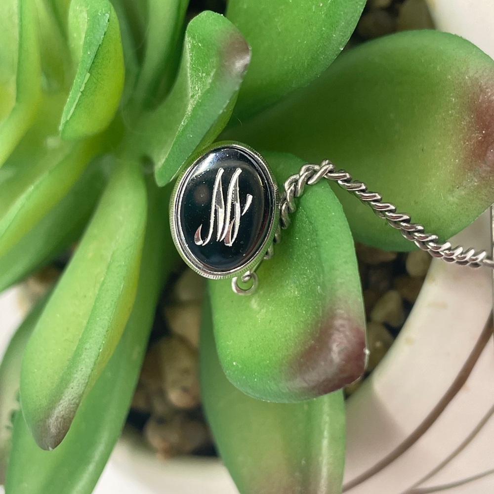 Vintage Monogram ‘M’ Tie Tack Pin w/ Chain - Gunmetal Gray Stone Silver Tone 🩶